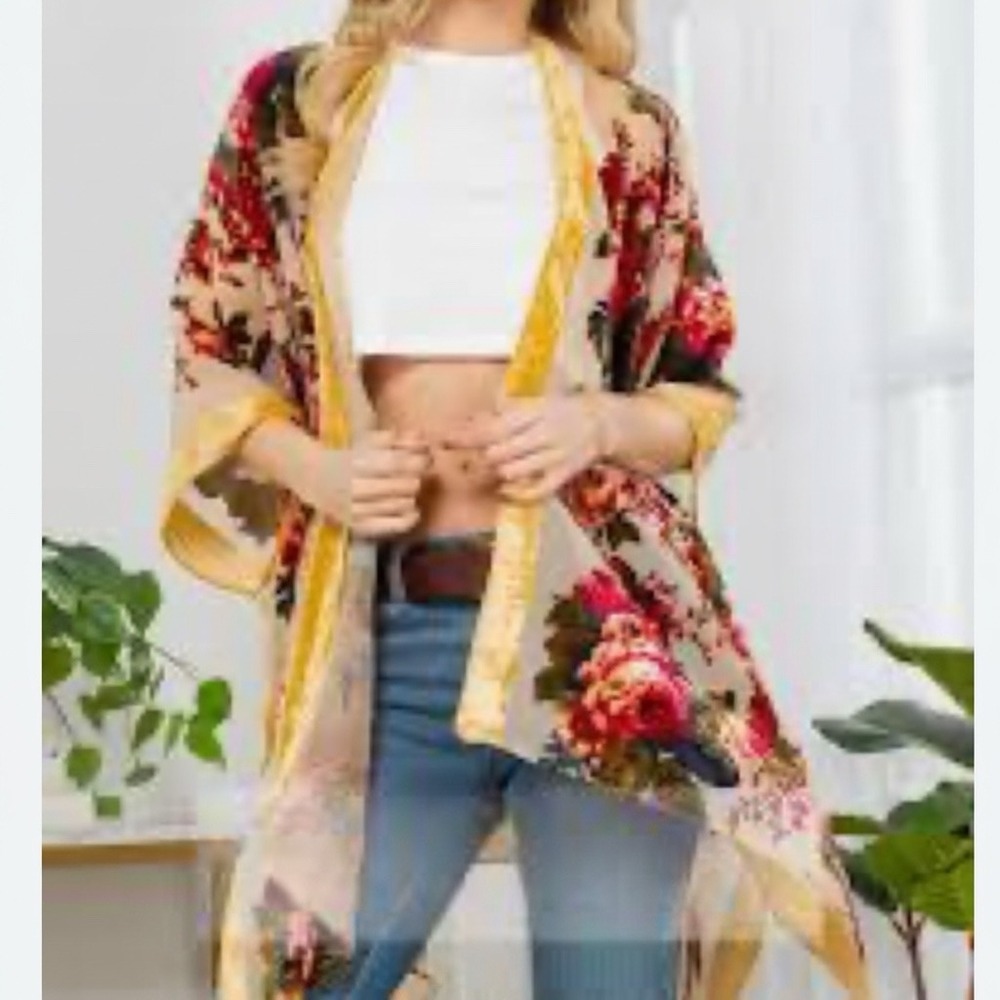 LA Soul Floral Burnout Velvet Kimono Gold Trim Sheer Mesh Open Front Wrap OS